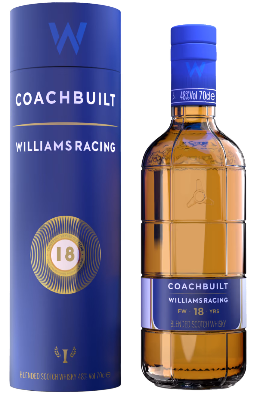 Bottle and packaging of Coachbuilt Williams Racing 18-year blended Scotch whisky with 48% alcohol volume and 70cl capacity.