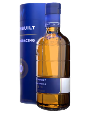 Bottle of 18-year-old Scotch whisky with dark amber liquid, blue label and cap, beside its matching blue cylindrical box.