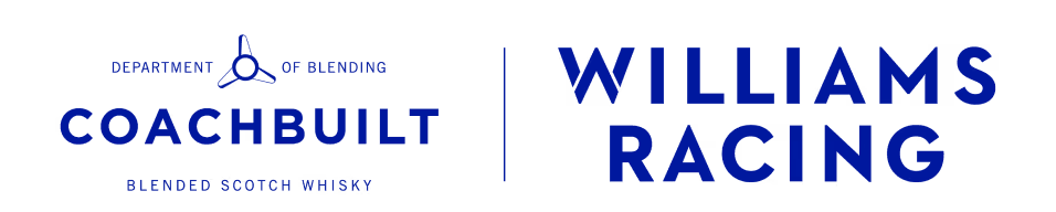 Coachbuilt Department of Blending Blended Scotch Whisky logo next to Williams Racing logo in dark blue text.