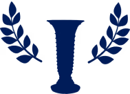 Blue trophy cup flanked by laurel branches on each side.