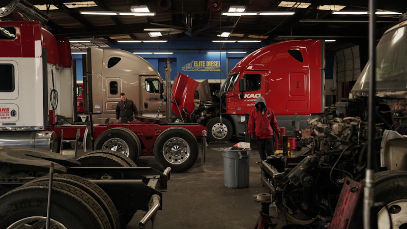 A commercial truck repair shop with several semi-trucks, including a red one with its hood open, shows mechanics working on repairs. The shop is dimly lit with overhead lights, and a blue sign reading "Elite Diesel" is visible in the background.