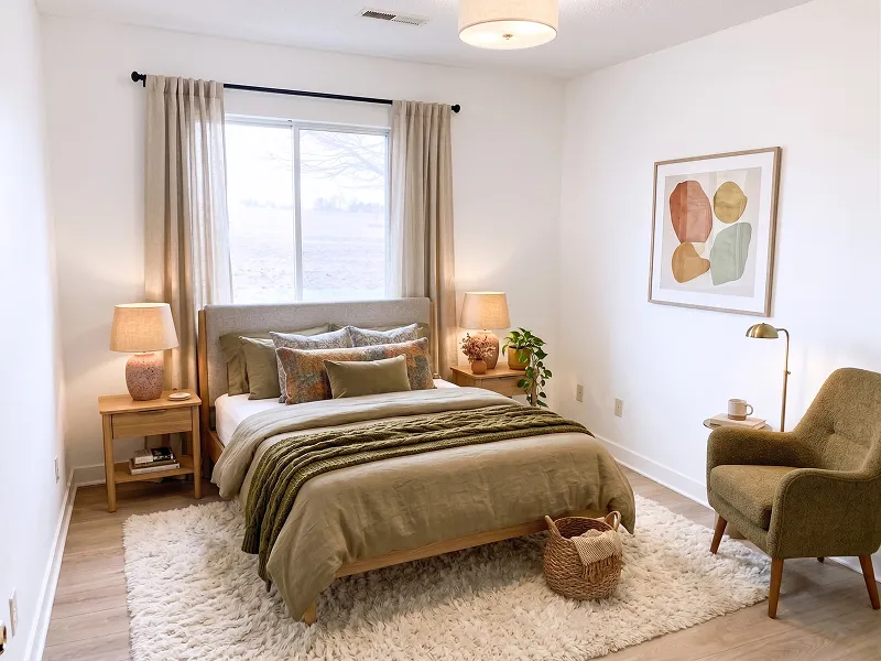 Cozy bedroom with green bedding, a window with beige curtains, two lamps, an armchair, and a framed abstract art piece.