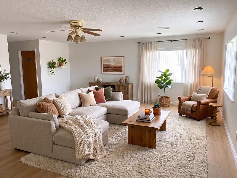 Bright living room with beige sectional sofa, wooden coffee table, leather armchair, and a large textured rug.