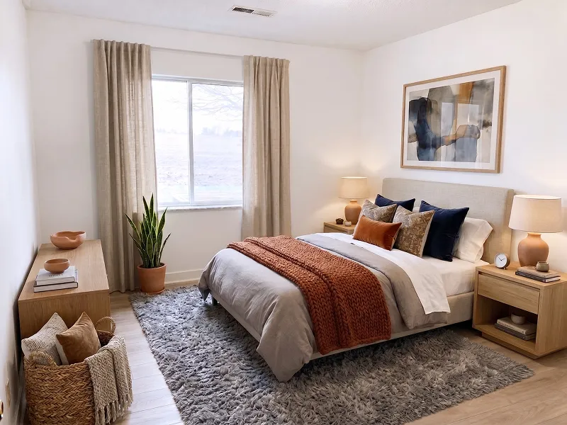 Cozy bedroom with beige curtains, a bed with gray and rust bedding, wooden nightstands, lamps, and a large soft rug.