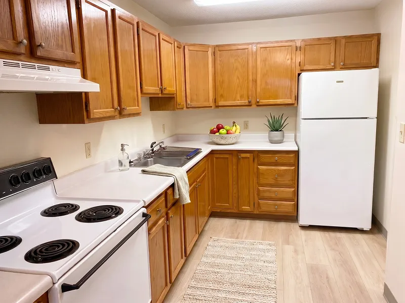 Bright kitchen with wooden cabinets, white stove, white refrigerator, sink, fruit bowl, and potted plant.