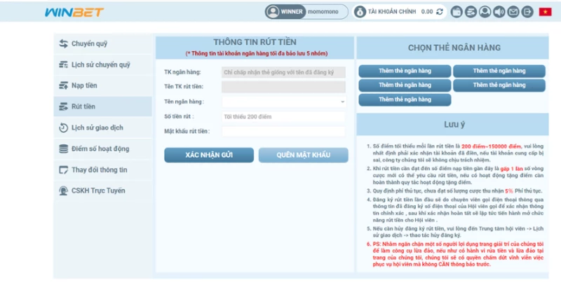 Rút tiền trên Winbet 888