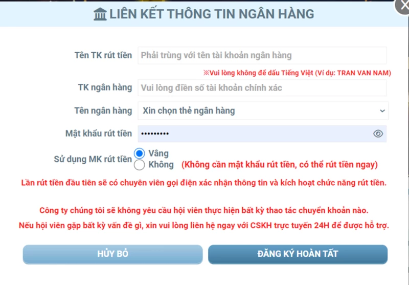 Rút tiền Winbet vi qua chuyển khoản ngân hàng
