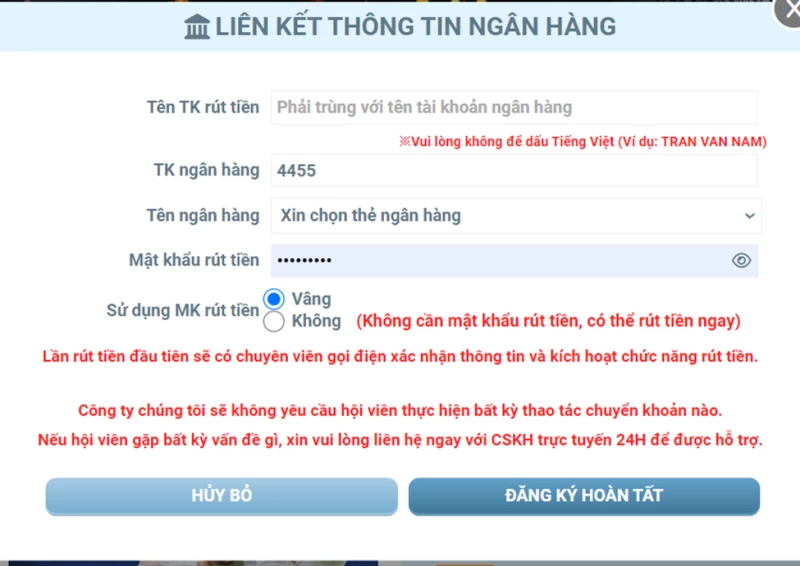 Liên kết bank sau khi đăng nhập Winbet