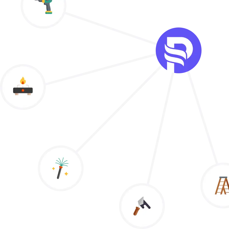 Graphic showing Premium Chimneys logo with icons representing tools and services like ladders, drills, helmets, and gas appliances.