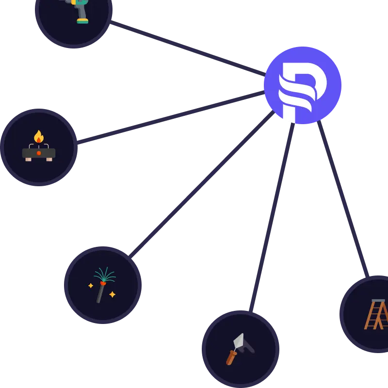 Graphic showing Premium Chimneys logo with icons representing tools and services like ladders, drills, helmets, and gas appliances.