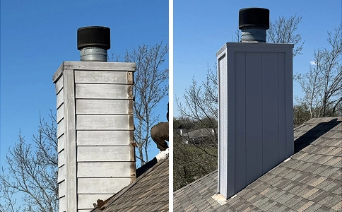 Before and after of a chimney chase rebuild with new composite siding and sealed exterior joints.