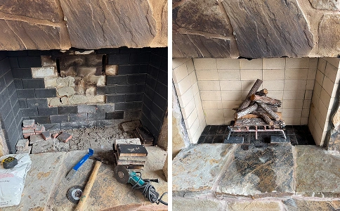 Before and after view of a firebox repair showing rebuilt brickwork and restored firebox structure.