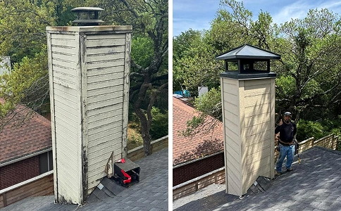 Before and after of a tall chimney with new siding, trim, and a custom metal chimney cap.