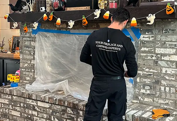 Premium Chimneys certified technician performing a professional fireplace and chimney inspection inside a residential home