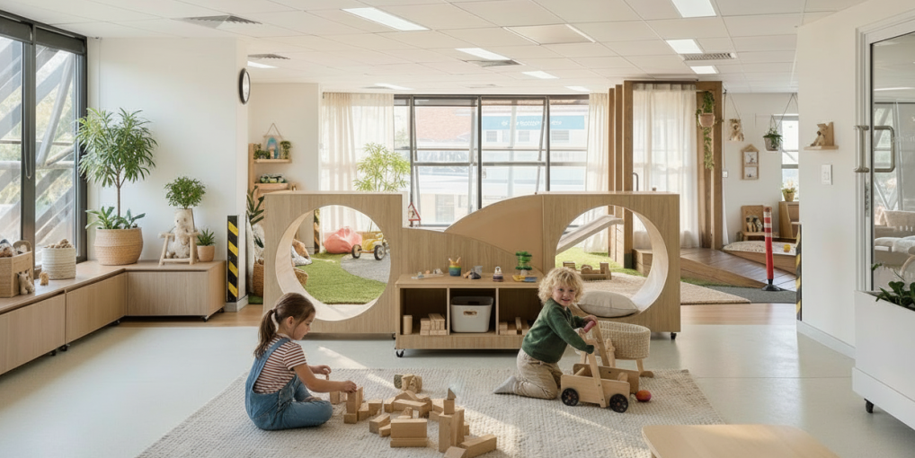 An early learning centre playroom where two young children play with wooden blocks beside a curved timber play structure and large windows.
