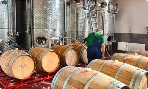 Winemaking at Casa Vinicola Luca, with stainless-steel tanks and oak barrels