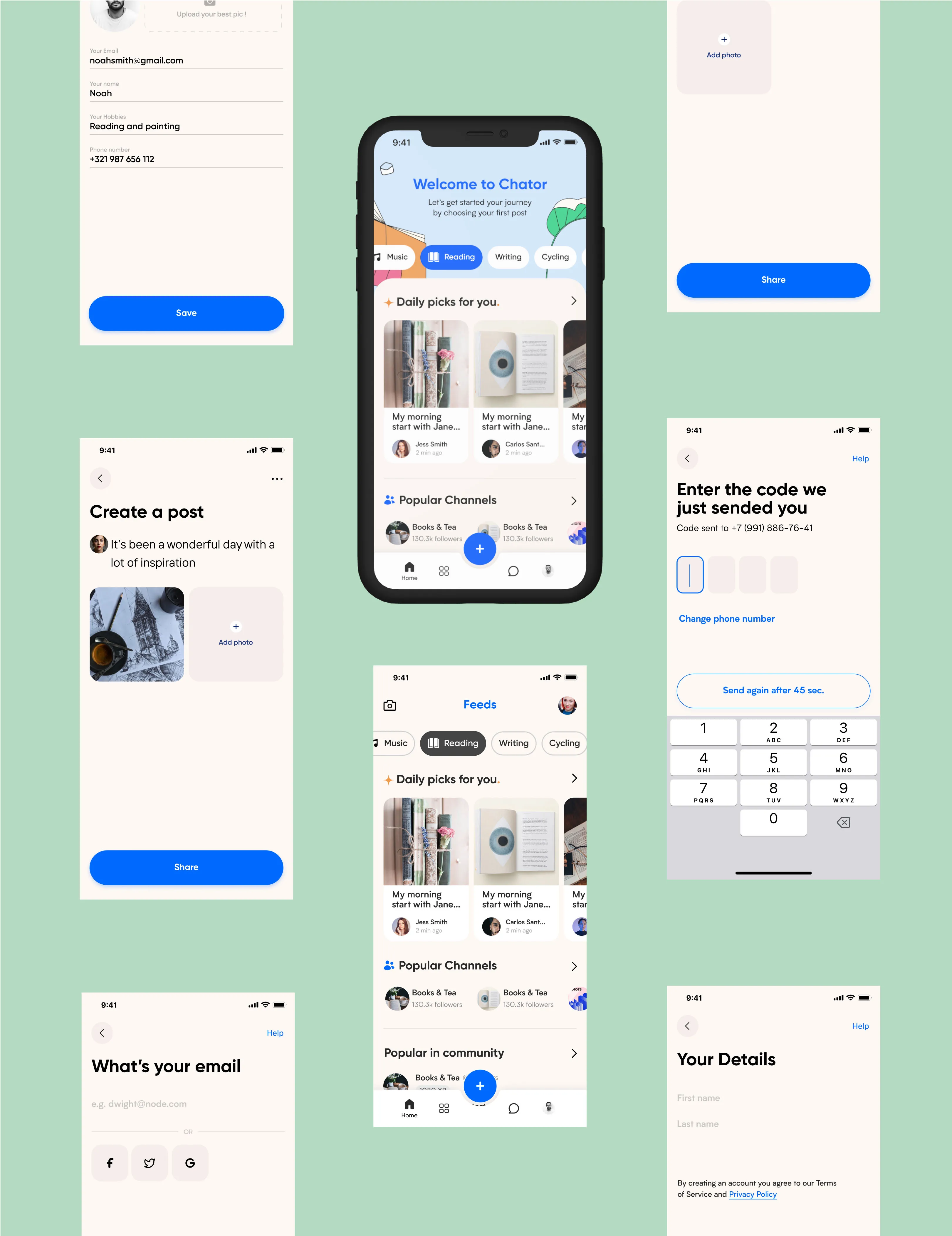 Chator chat app — mobile UI design screens (5)