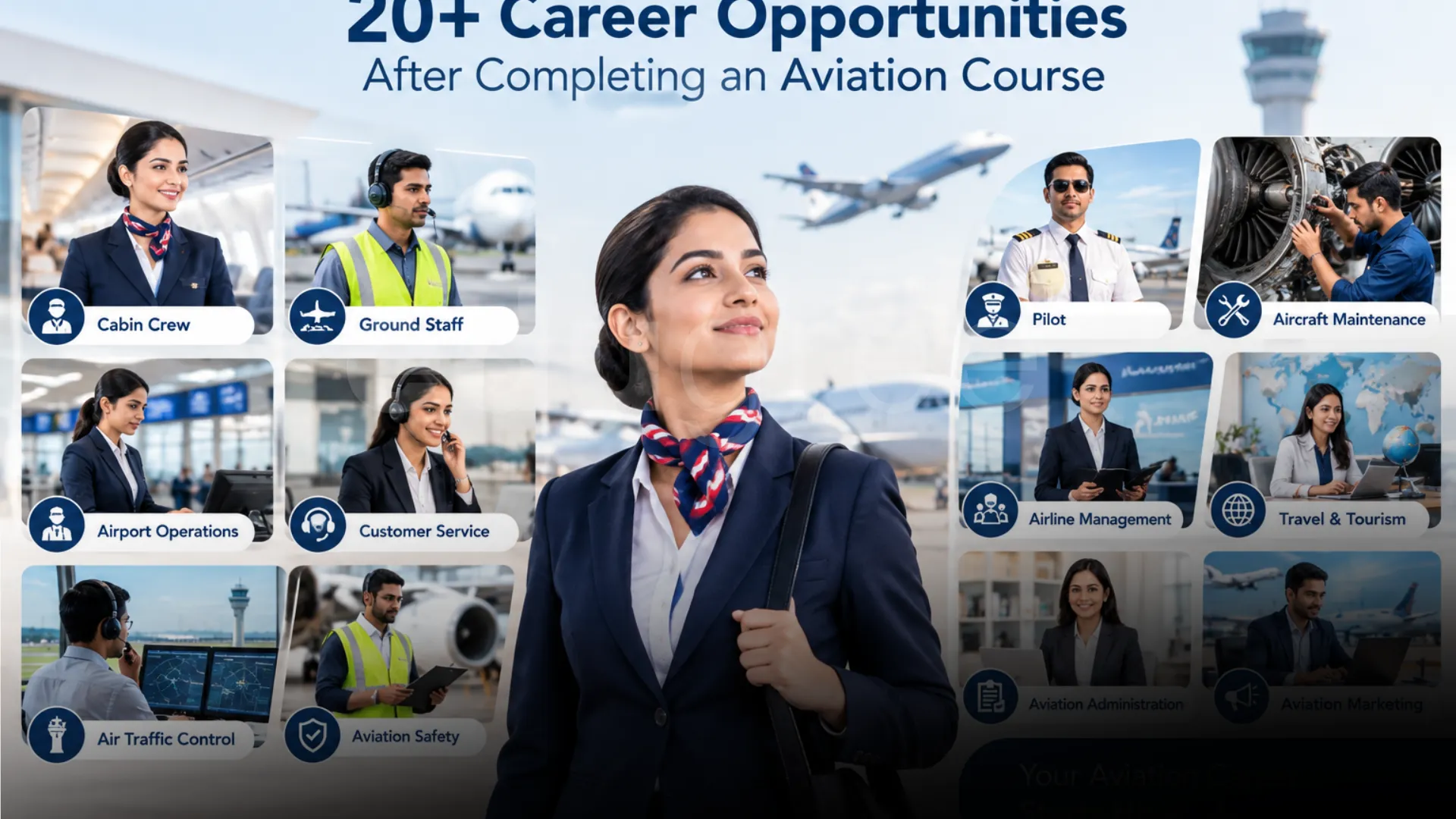 A professional aviation career infographic highlighting diverse opportunities after completing an aviation course - Edugree, Siliguri