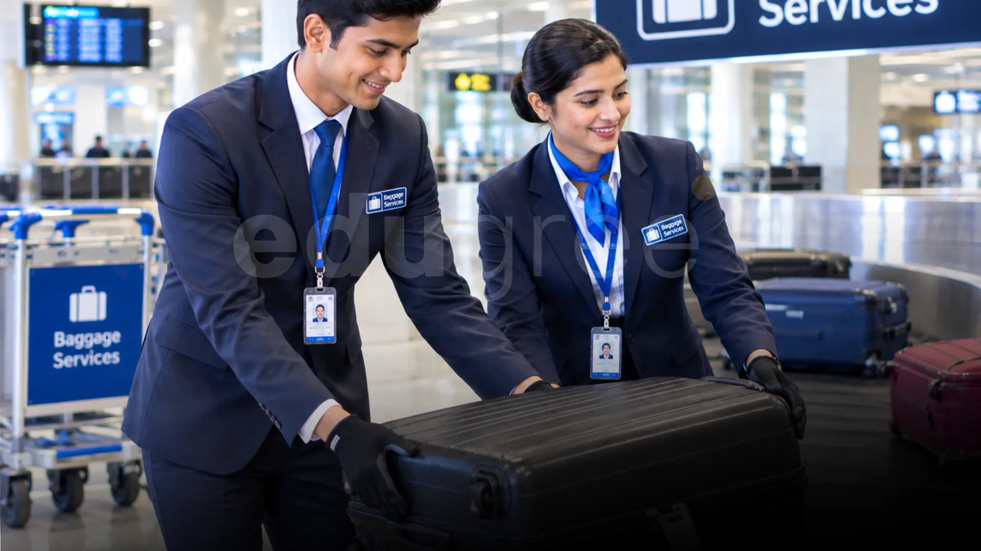 baggage services executives in professional assist with luggage at an airport baggage carousel.
