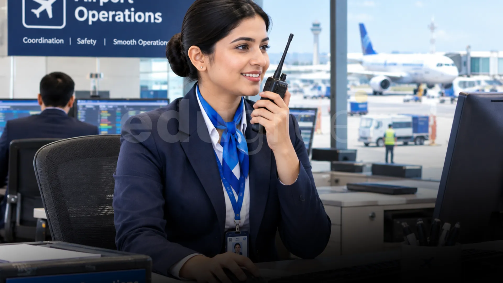 Airport operations assistant coordinating flights from a modern airport operations office - Edugree, Siliguri 