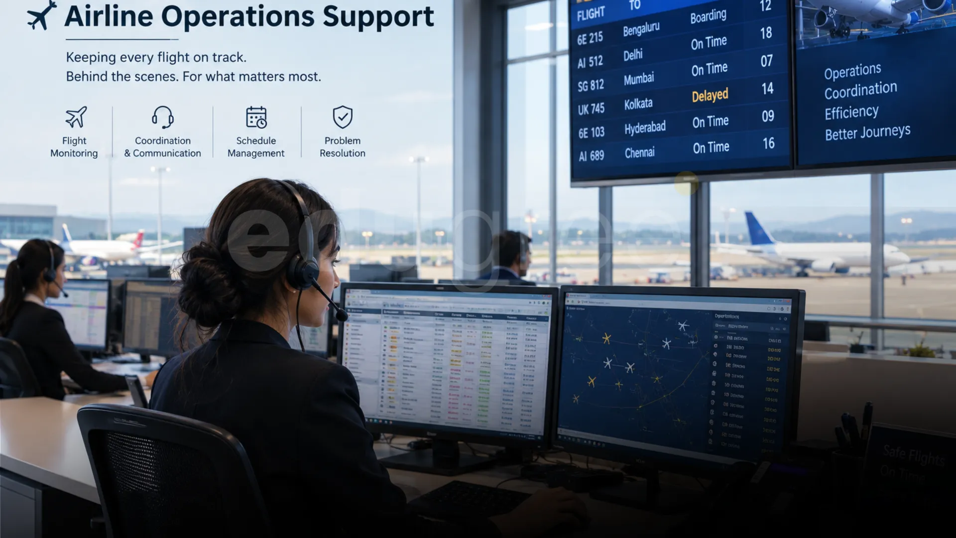 Airline operations support staff monitoring flight schedules, coordinating airport activities, and tracking flights from a modern airport operations control room - Edugree, Siliguri.