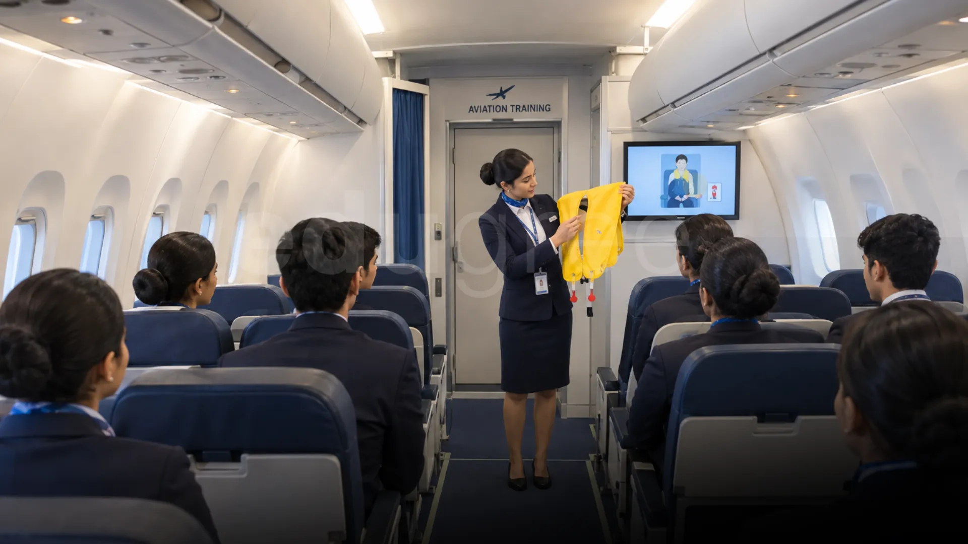 Aviation Training instructor showing safety equipment in a simulated aircraft cabin. - Edugree, Siliguri.