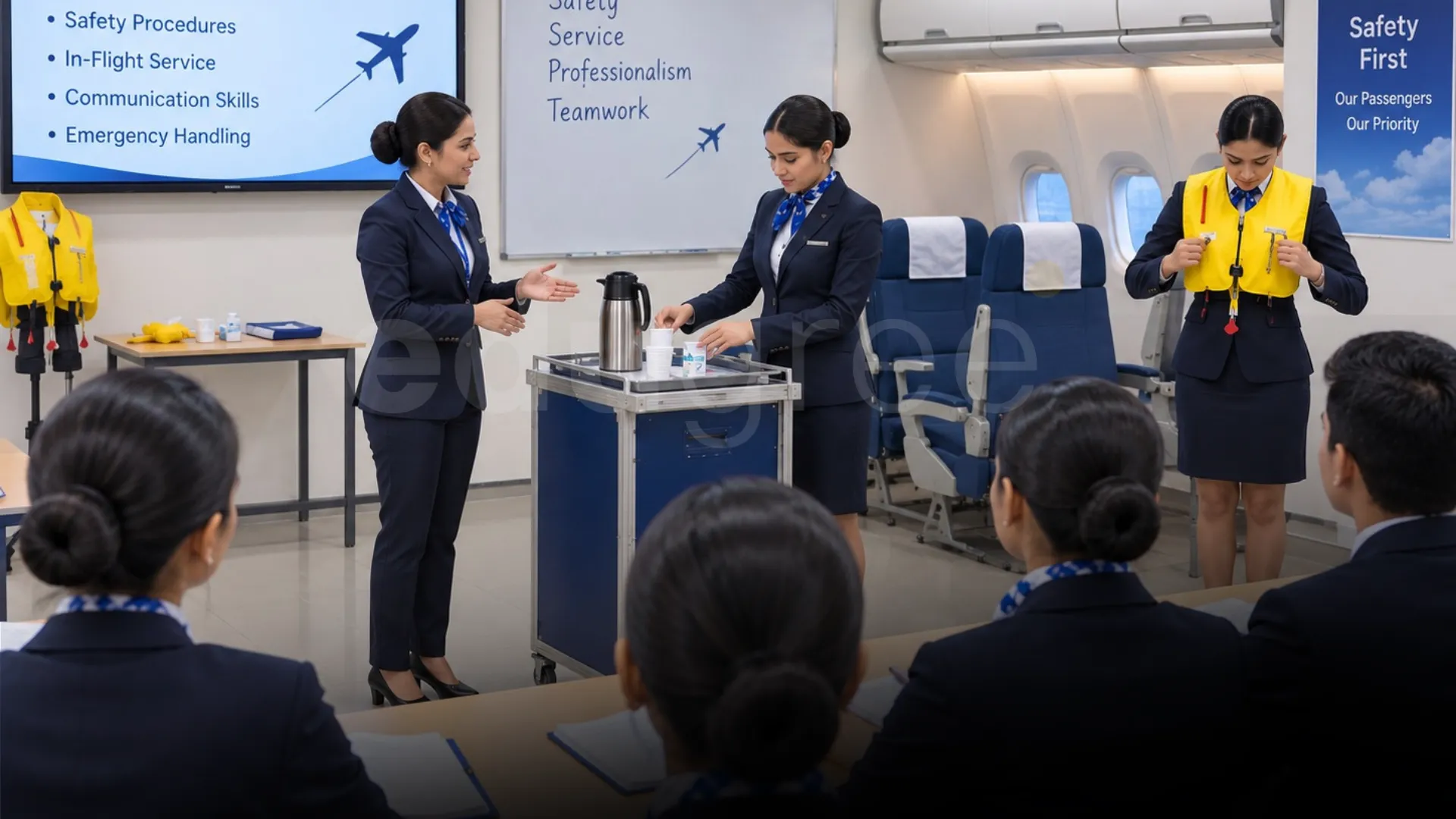 Flight Attendants Undergoing Safety And Hospitality Training in a Classroom Setup. - Edugree, Siliguri.