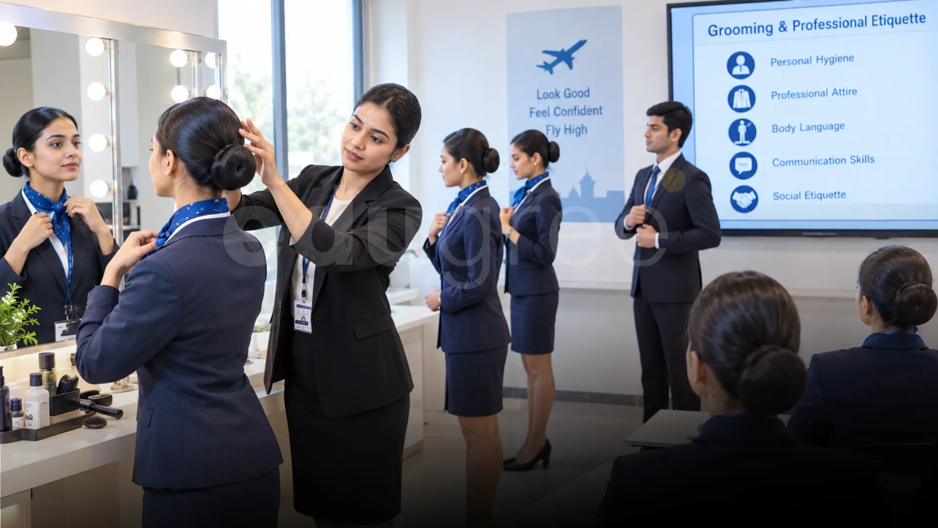 An Instructor assists an airline crew trainee with her hair bun infront of a vanity mirror while other trainees adjust their uniforms. - Edugree, Siliguri.