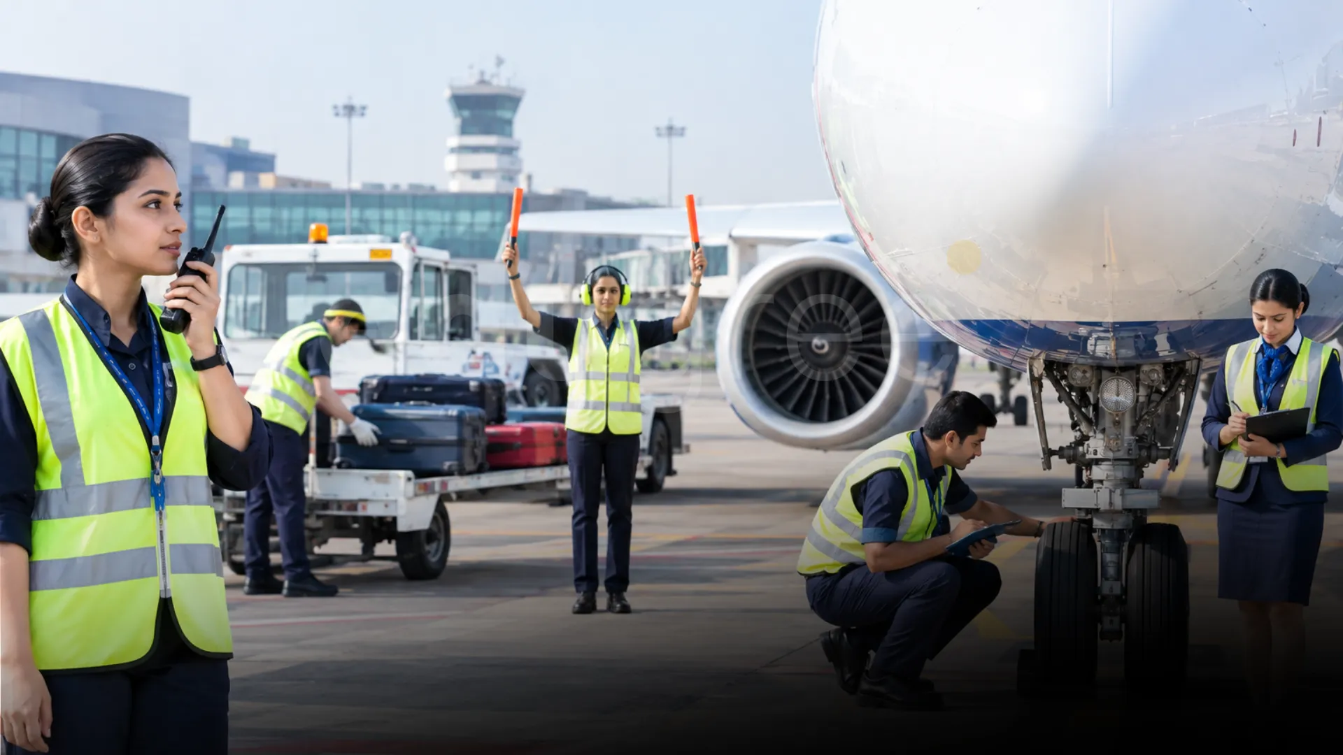Airport Ground Staff Performing Tarmac Operations and Maintenance Near Airplane. - Edugree, Siliguri.