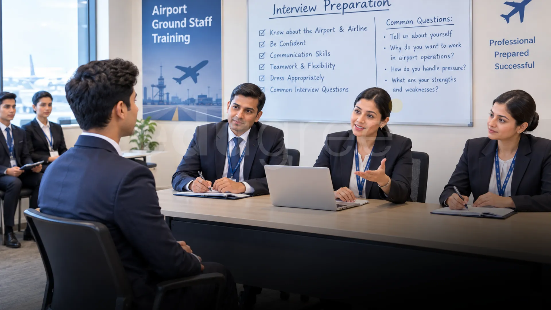Professionals Participating in a Mock Interview or Training Session Around a Conference Table for Airport Ground Staff Training. - Edugree, Siliguri.