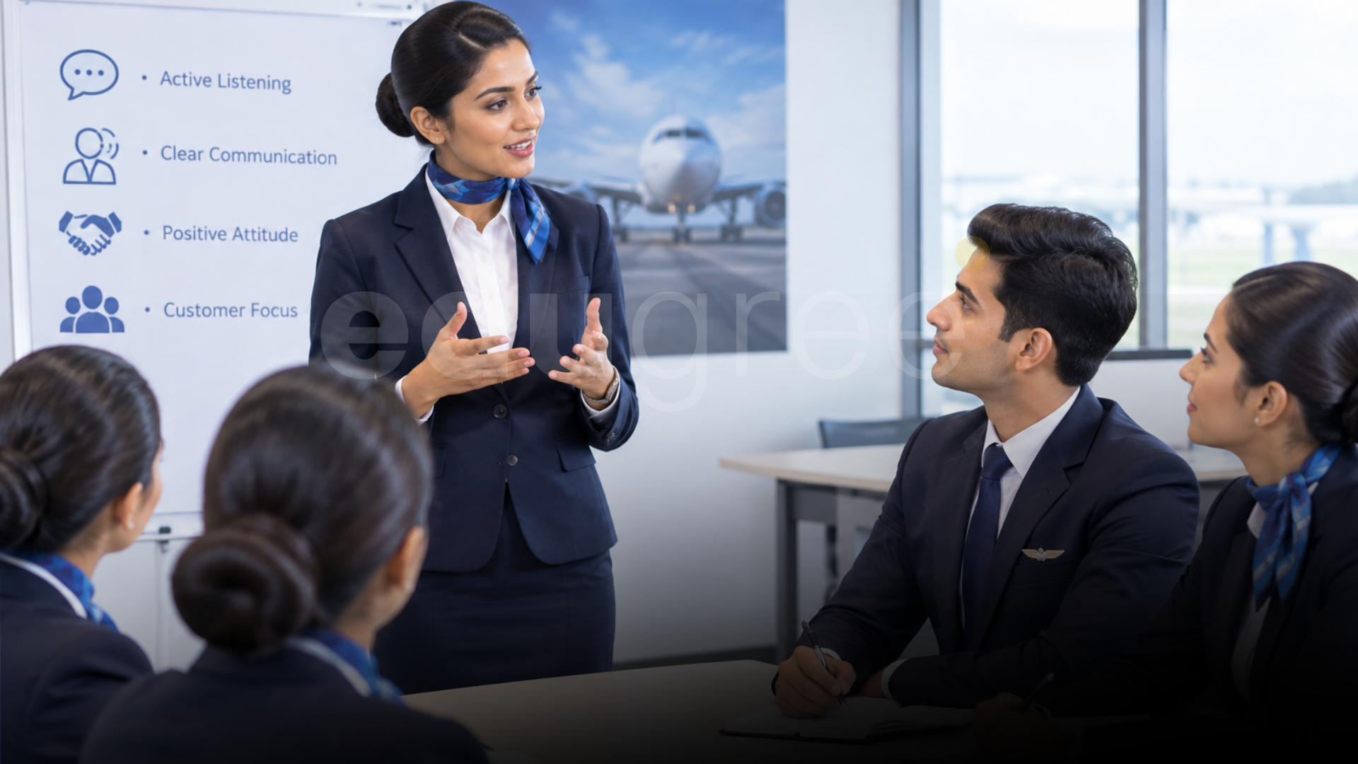 Female Airline Instructor Leading a Cabin Crew Training Session on Communication Skills in Front of a Presentation Board and Trainees.