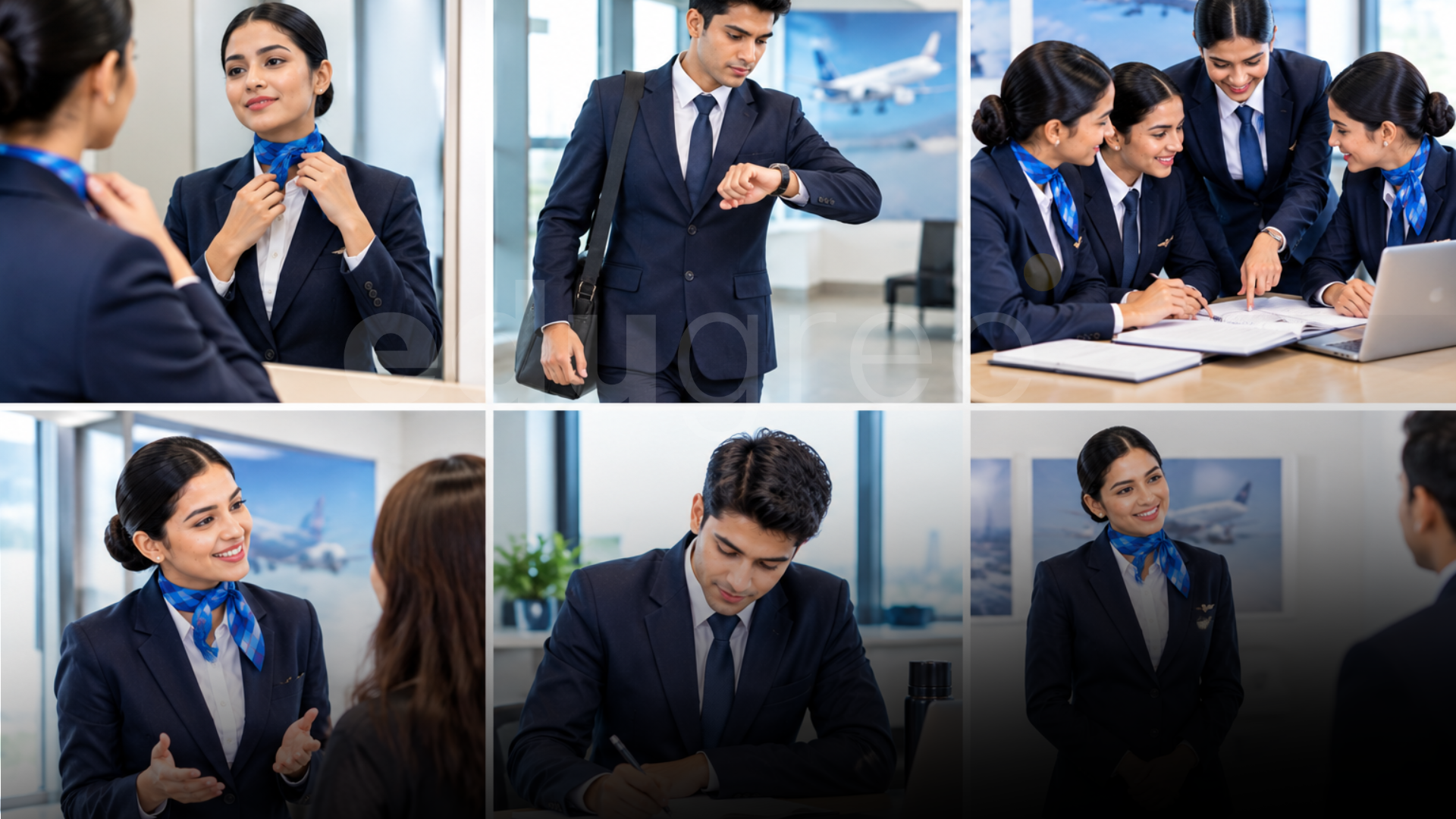 Cabin Crew Professionals Demonstrating Grooming, Punctuality, Teamwork, Communication, and Professionalism During Airline Interviews. - Edugree, Siliguri.