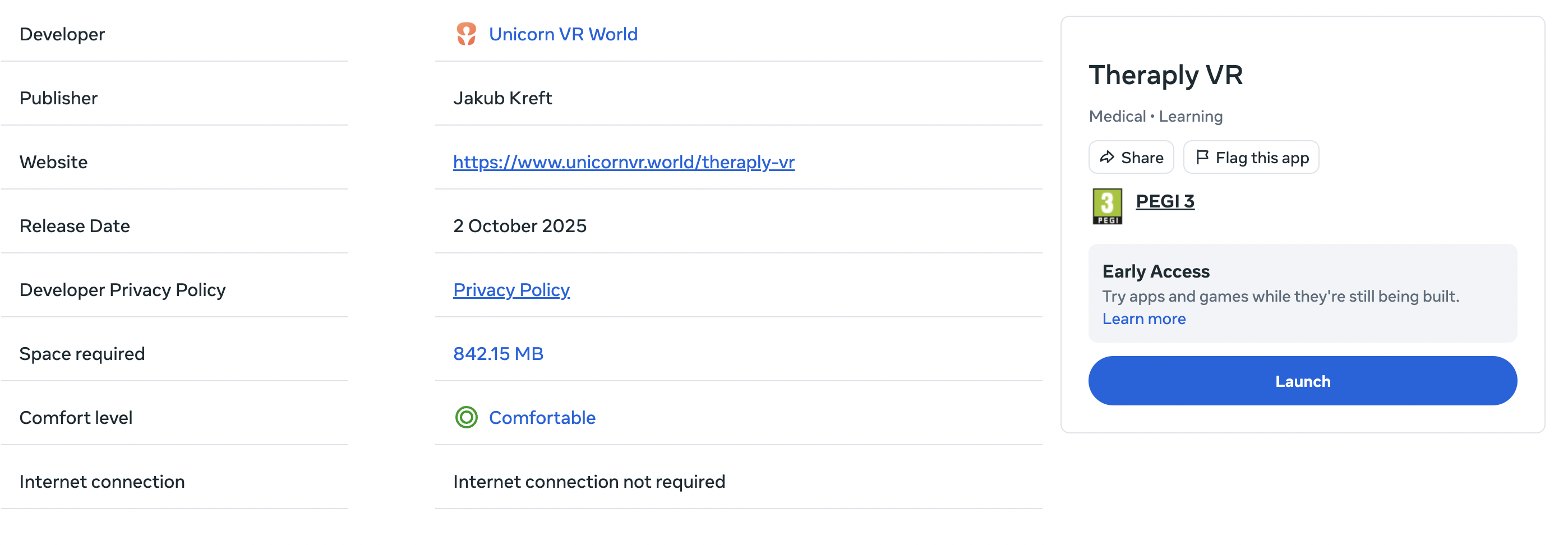 Information about the Theraply VR app in the Meta Store – its educational and therapeutic uses for children, along with the PEGI 3 rating.