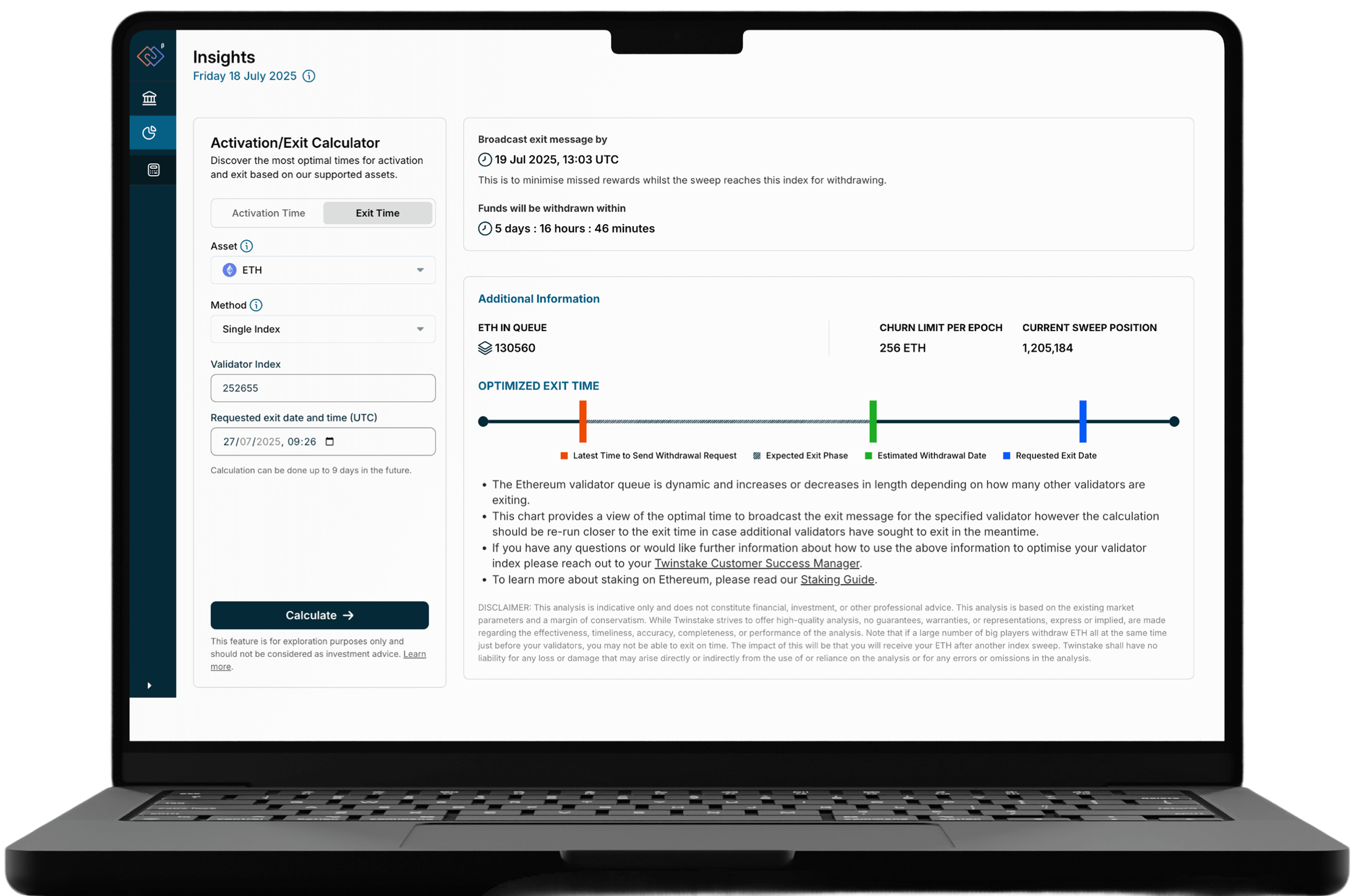 twinstake activation/exit calculator mockup