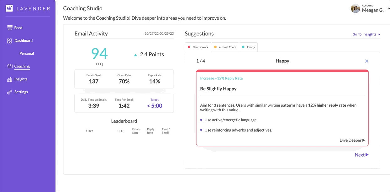 A scroll through of Lavender's coaching studio. Reveals your daily time on emails, email score, open rate, reply rate, and a deeper dive into your Needs Work suggestions like Happy sentiment, Adverbs, and Long sentences