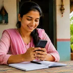 Young woman in a small-town Indian setting using her phone and notebook to understand her period cycle