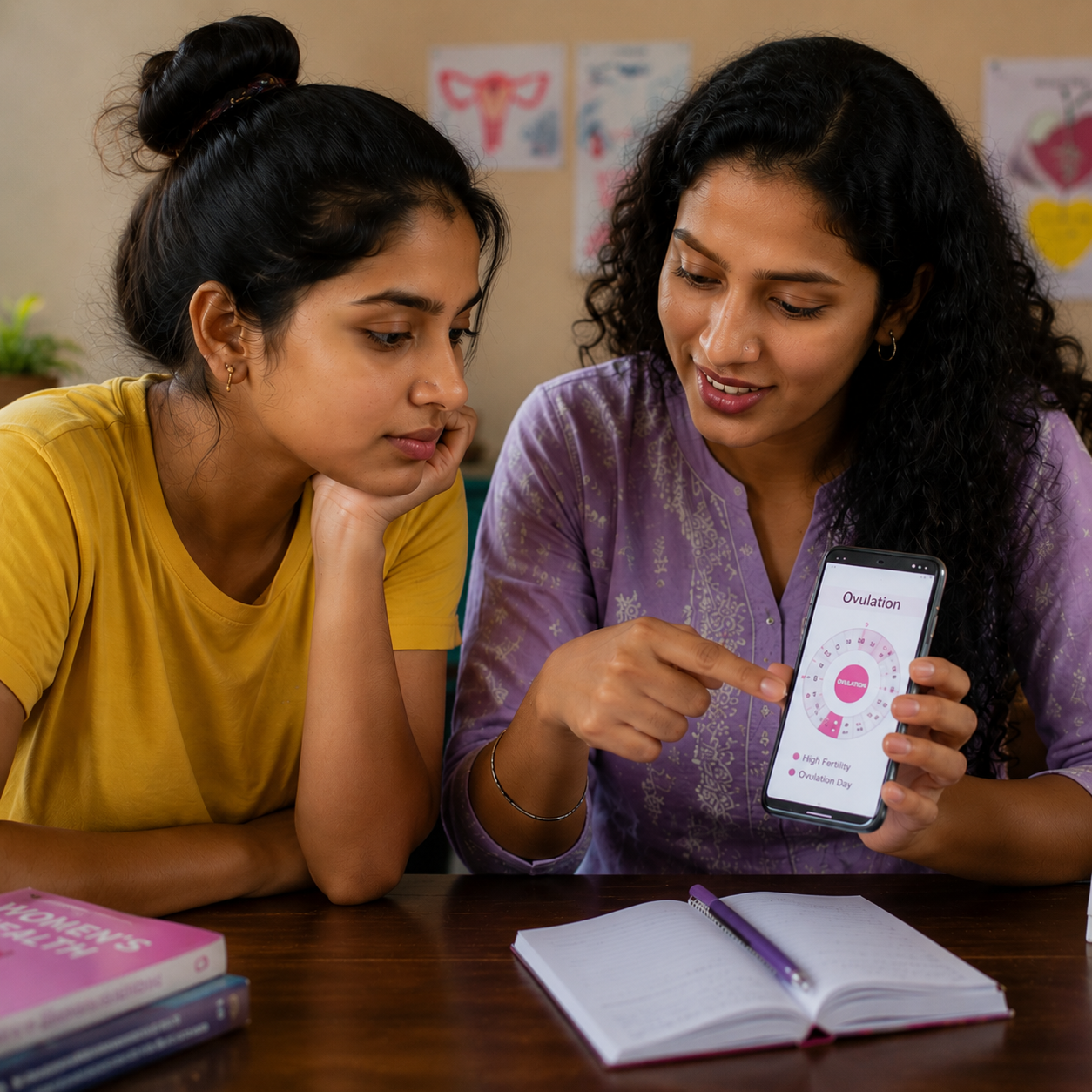 Two smiling Indian women talking about ovulation and menstrual health