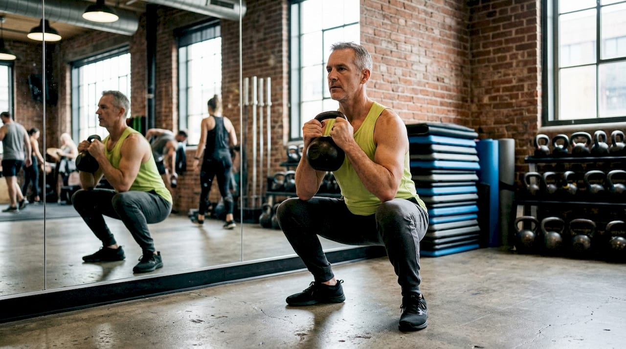 Man performing kettlebell goblet squat side profile