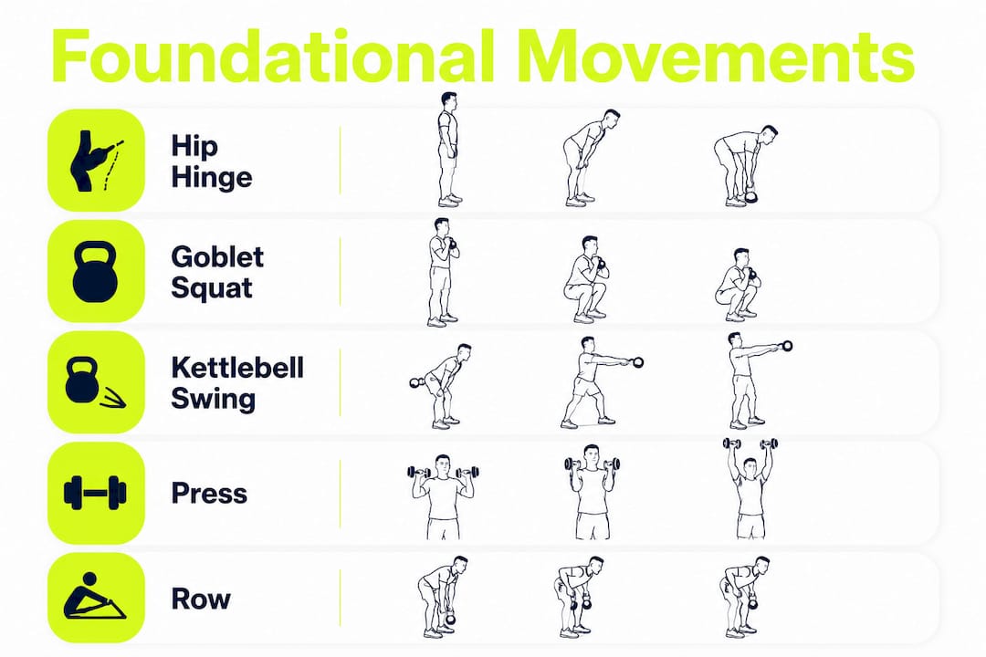 Infographic showing five foundational kettlebell movements