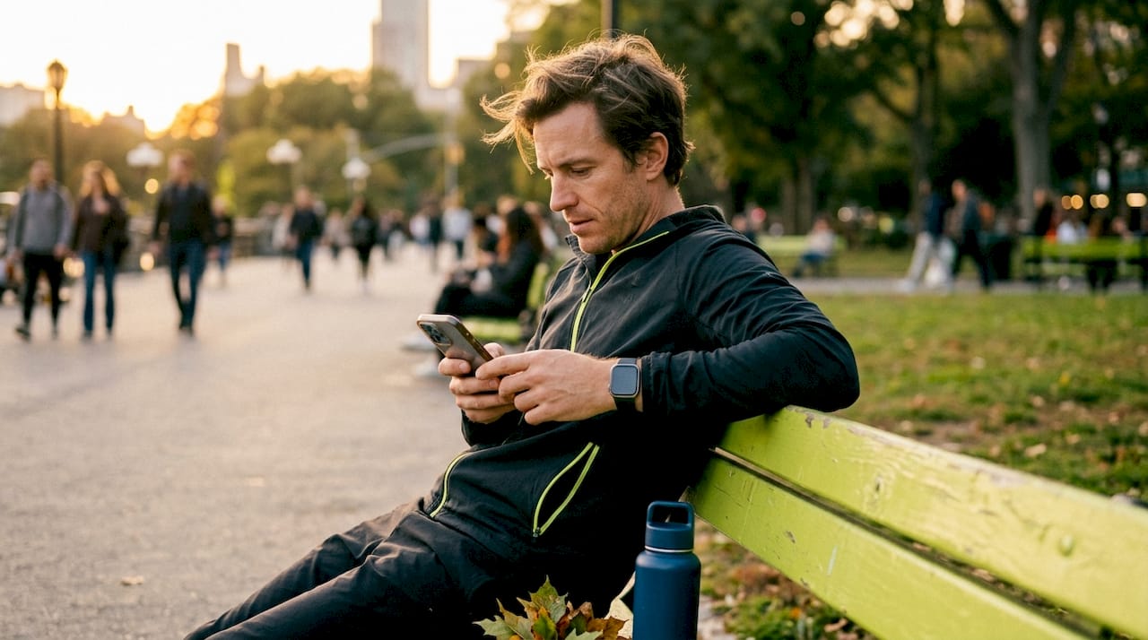 Man reviewing workout app features in café
