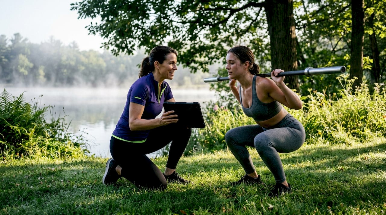 Trainer coaching client outdoors in park