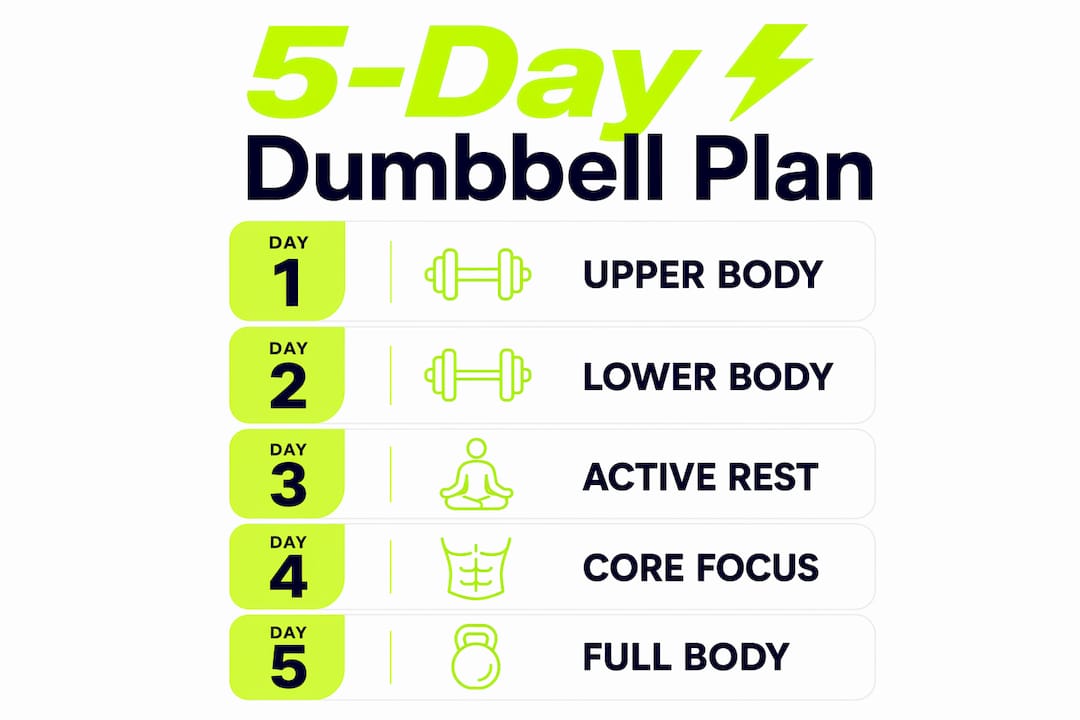 Infographic displaying 5-day dumbbell workout plan