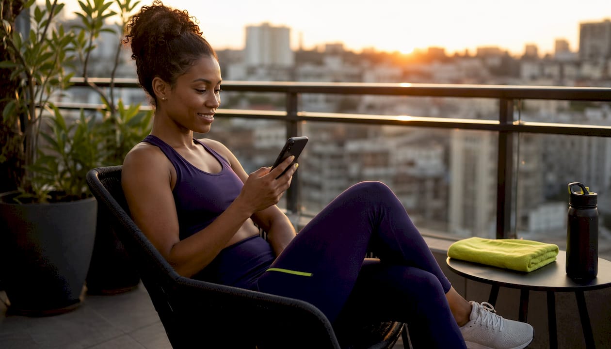 Woman using workout accountability app on smartphone