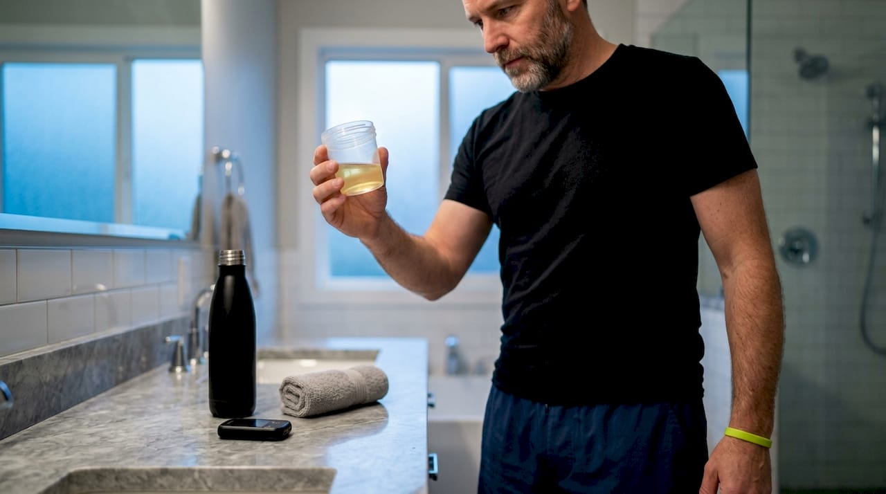 Man checking urine color for hydration in bathroom