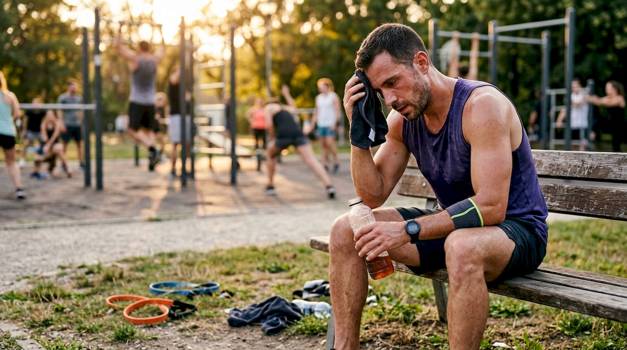 Athlete drinking sports drink in gym during workout break