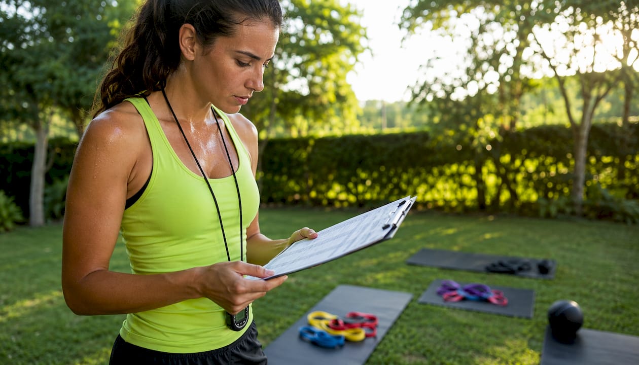 Female trainer reviewing workout routines in gym
