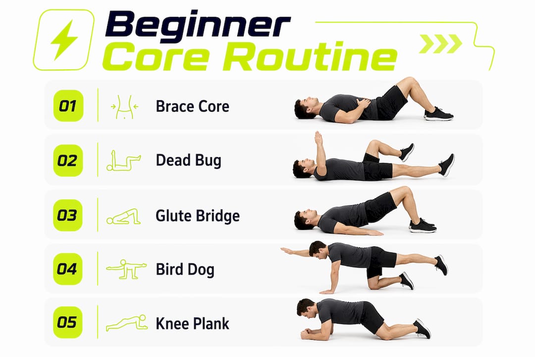 Infographic depicting beginner core workout steps