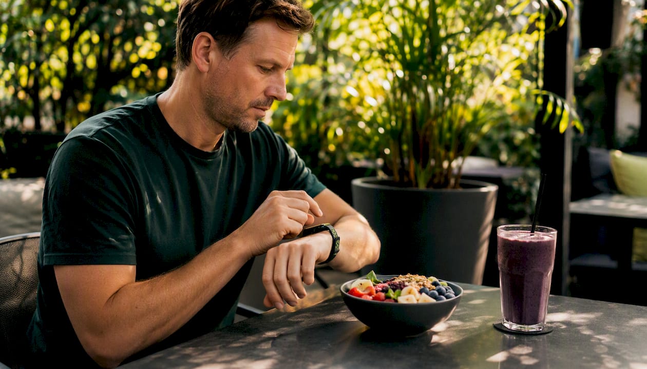 Hands viewing fitness tracker on smartwatch
