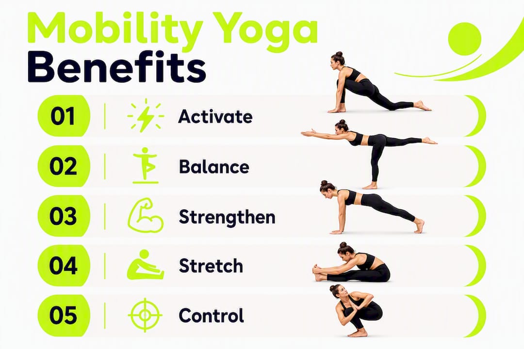 Infographic illustrating benefits of mobility yoga