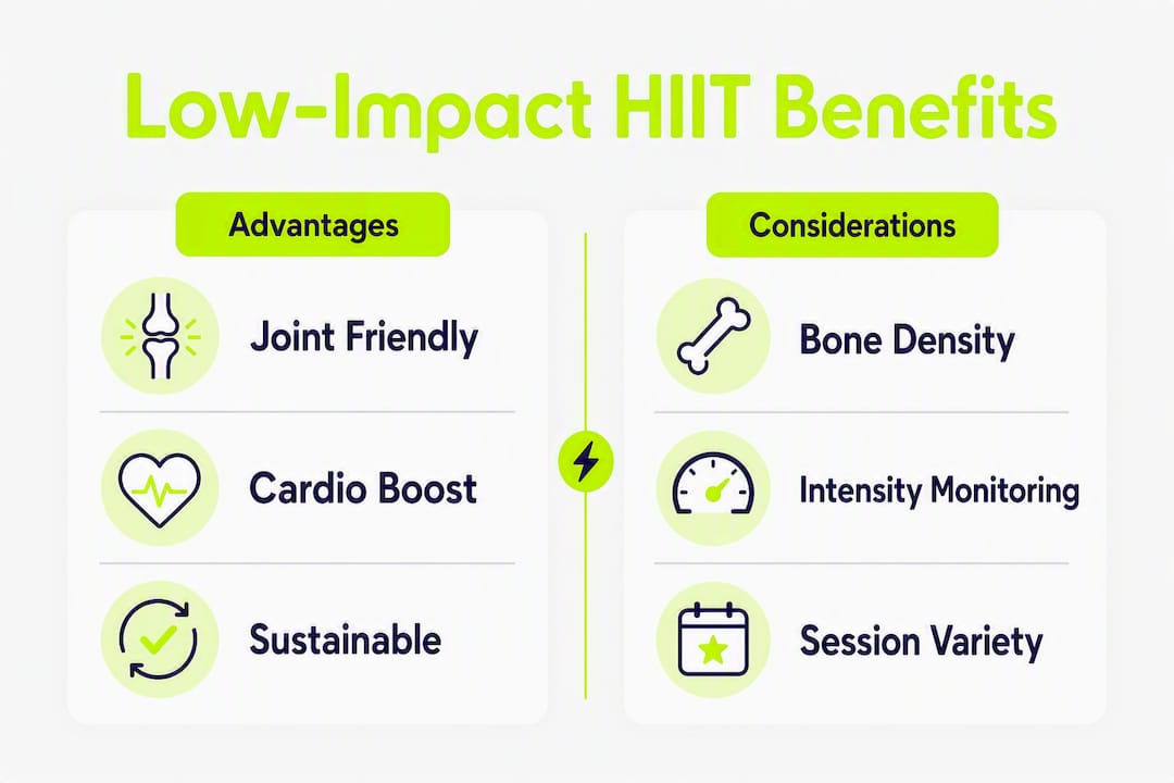Infographic showing low-impact HIIT benefits and considerations